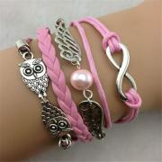infinity vintage bracelet owl wing bracelet lucky 8 bracelet pink wax cord pink Braided Leather Antique Bronze Cute Personalized Jewelry friendship gift