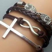 The ancient silver cross infinitesimal size owl brown wax rope leather rope strands of hand rope