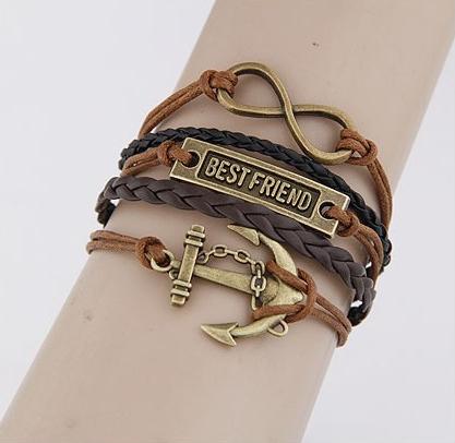 Anchor-best friend-Motto-Infinity Bracelet Brown wax cord Brown Braided Leather Antique Bronze Cute Personalized Jewelry friendship gift