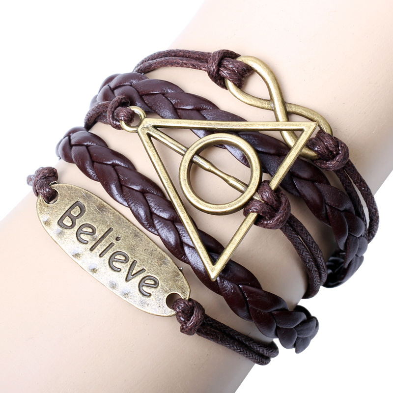 vintage bracelet Harry Porter believe-Motto-Infinity Bracelet Brown wax cord Brown Braided Leather Antique Bronze Cute Personalized Jewelry friendship gift