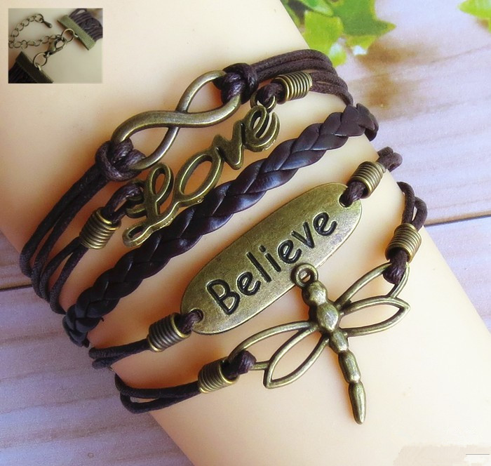 infinity Believe dragonfly LOVE lucky 8 Bracelet brown wax cord multiple wax rope woven Leather Antique Bronze Cute Personalized Jewelry friendship gift