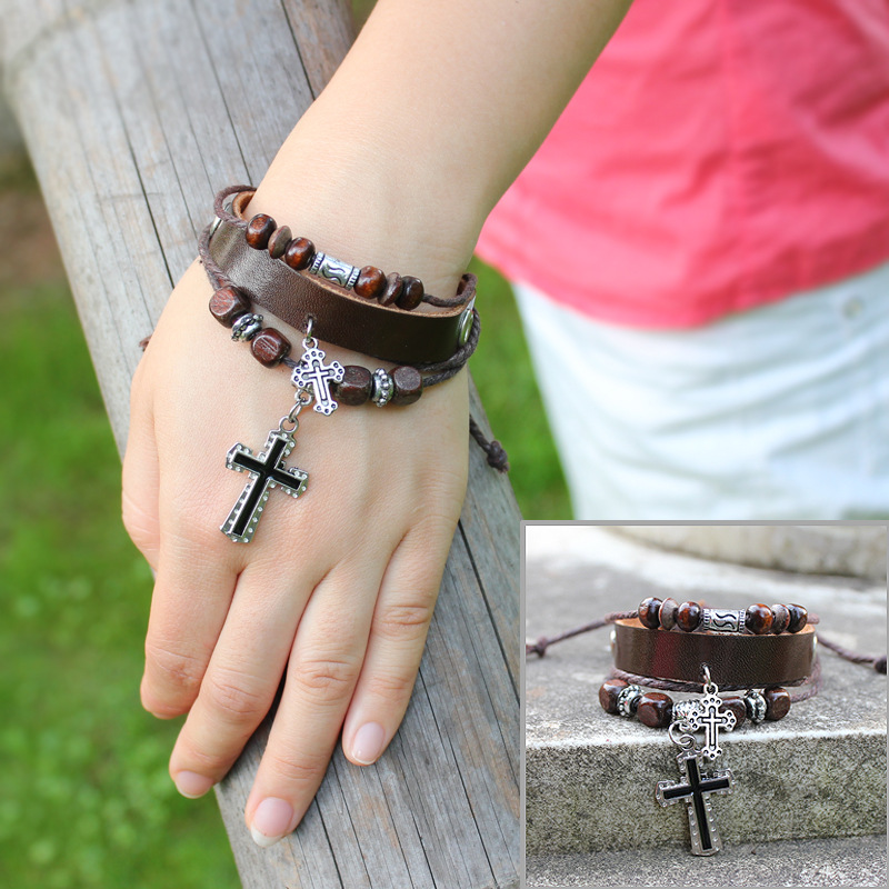 The ancient cross infinitesimal size bracelet leather bracelet brown wax rope leather rope strands of hand rope