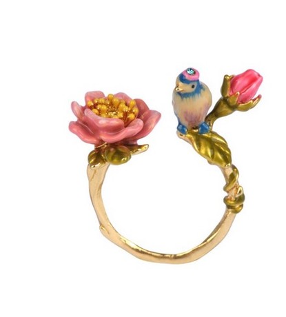 Authentic Les Nereides Flower Bird Enamel Glaze Pink Flowers And Vines Adjustable Opening Ring