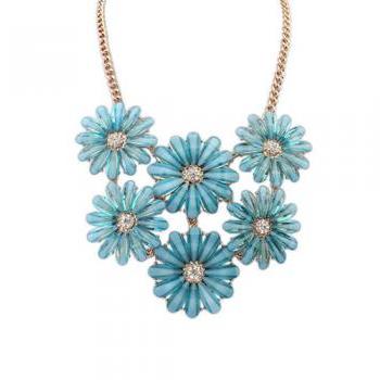 Little Blue Daisy Flower Crystal Short Statement Necklace 